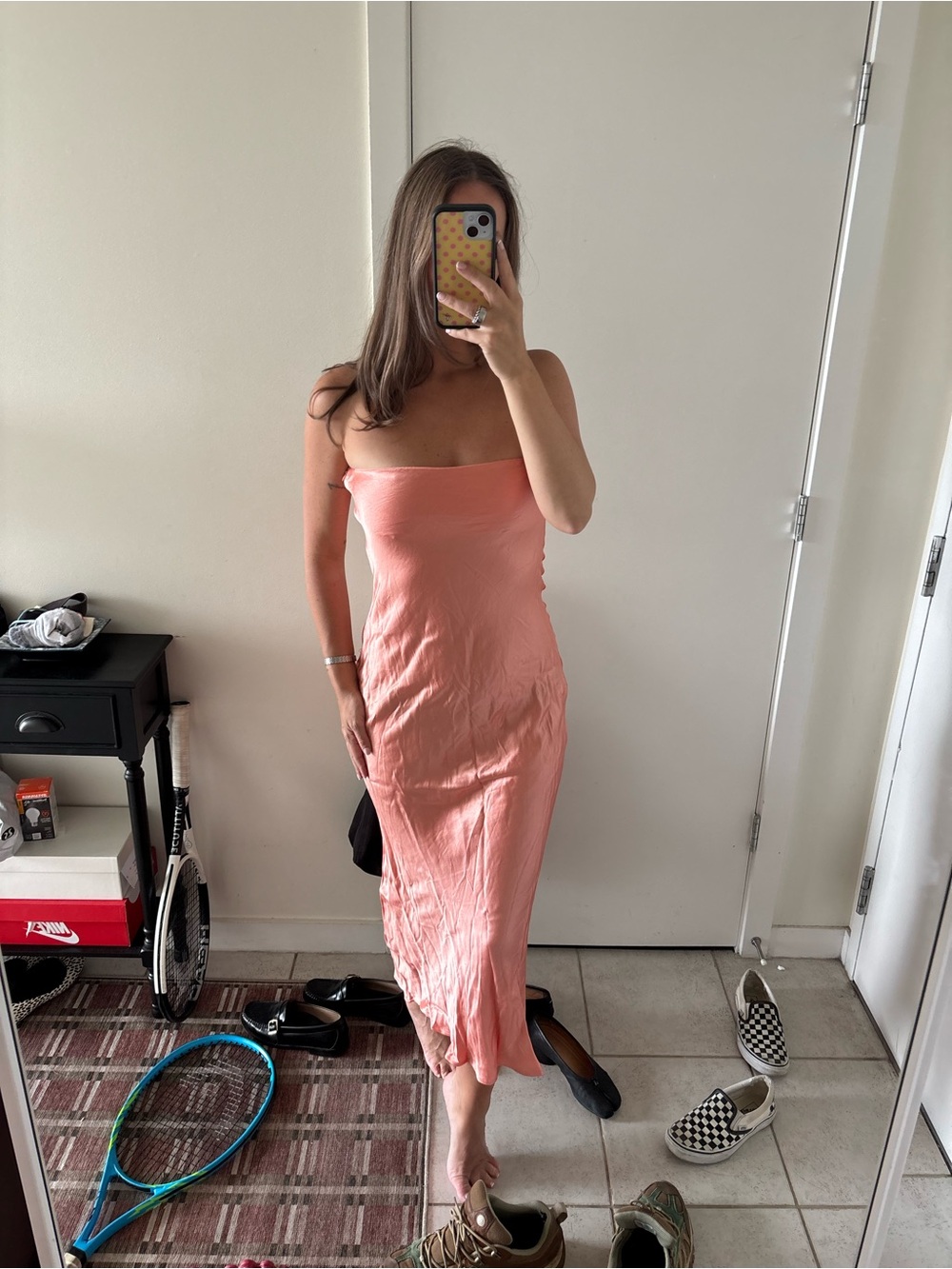 REVOLVE Strapless Coral-Peach Midi Dress